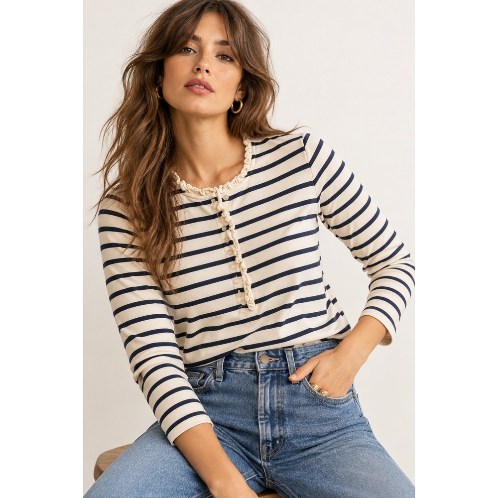 Sezane Gael Mariniere Striped Ruffle Neck Henley Top Cream Navy Long Sleeve
